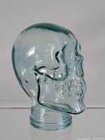 Side view of the vintage thick glass skull showing details of the facial structure and glossy surface.