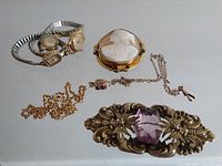 Displays all items in the lot including three watches, two chain necklaces, a large conch cameo brooch, and a floral bar brooch with purple gem.