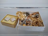 Initial photo showing boxed earrings alongside several gold-tone and silver-tone brooches and pins with floral and leaf designs.