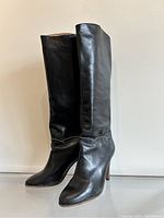 Side angle view of both boots showing tall shaft, black leather, heel height, and toe shape.