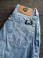 Close-up of back pocket showing lightning bolt stitching, leather patch with Santana and lion logo, and fabric label.