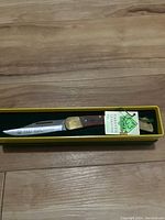 Knife open in original yellow plastic box with green foam lining, includes guarantee tag and cloth pouch.