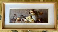 Frontal photo of flower still life painting by Mary A. Reid framed in natural wood frame
