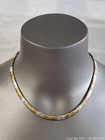 Image showing the necklace worn on a display bust, highlighting its shape and two-tone coloration.