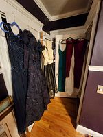 Photo showing six vintage dresses and gowns hanging on hangers on a door and wall. Includes different styles and colors, sizes approximately 6 and 8.