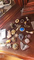 Overall assortment of vintage pins of various designs including animals, floral motifs, and colorful stones on a wooden surface.