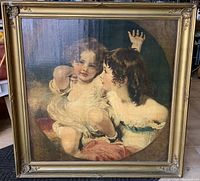 Full front view of framed print showing two children, detailed brushwork, and gold decorative corners on frame.