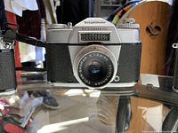 Front view of vintage Voigtlander Bessamatic camera showing lens and body details.