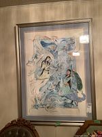 Overall view of signed and framed artwork showing silver frame, mats, and full composition