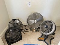 Four small portable fans arranged on carpet floor, brands include Blizzard, Century by Hunter, Honeywell, Lakewood