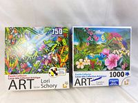 Photo of two puzzle boxes side by side showing colorful artwork by Lori Schory and Carolyn Steele, indicating piece counts of 750 and 1000 respectively.