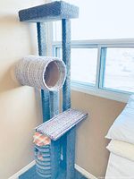 Full view of the tall cat tree showing carpeted vertical posts, woven round cubby, perch platform, and base with carpeted coverage.