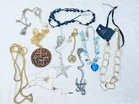 Overview of all 9 assorted necklaces laid out on white background showing variety of styles, chains, and pendants.