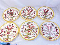 Six decorative plates laid out showing the floral pattern and yellow braided border.