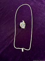 Full view of the chain laid out and the pendant placed above it on a dark purple background