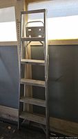 Full view of aluminum painters ladder showing five steps and upper platform with handle bar.