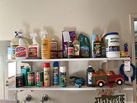 Shelf with assorted bottles of cleaning and insect repellent sprays, powders, and liquids.