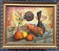 Full front view of the framed impasto oil painting depicting still life with vase, flower, fruits, and vessel.