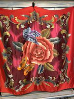 Full view of the large square silk scarf with central rose and decorative floral and butterfly design