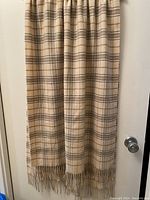 Full length view of beige and cream pastel plaid cashmere scarf hanging with fringed ends visible
