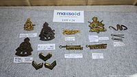 Multiple Canadian military badges and insignia arranged on a cloth background with identifying note cards.