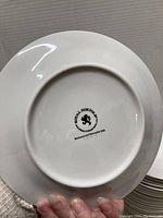 Underside of one salad plate showing Royal Norfolk branding and microwave/dishwasher safe marking.
