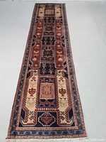 Full length view of runner rug laid flat showing overall geometric pattern and border.