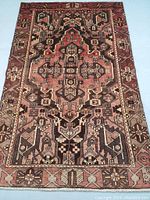 Full view of rug laid flat on floor, showing complete design