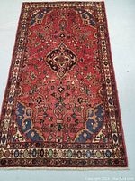 Full top view of rug showing central medallion, floral motifs, borders