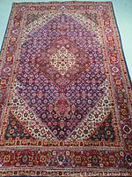 Full front view of rug on gray floor showing overall design and color palette