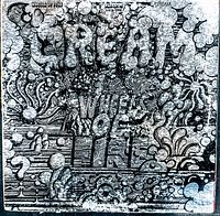 Front of vintage Cream vinyl record album cover Wheels of Fire, black and white psychedelic artwork with wear.