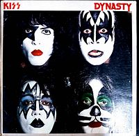 Front cover of Kiss Dynasty vinyl record showing band members' faces with makeup.