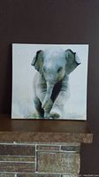 Front view of the 18x18 inch canvas art print depicting a baby elephant running directly toward the viewer.