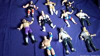 Top view of 10 wrestling action figure characters laid out on blue cloth background showing different outfits and poses