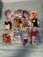 Complete set of 12 TY Beanie Baby mini plush toys, unopened in plastic bags, arranged on a surface.