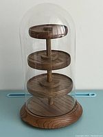 Front view of the large glass dome with three-tiered wooden display stand inside.