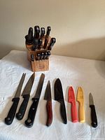 Full set of knives displayed in a wooden block alongside eight knives laid out showing different blade shapes and handles.
