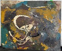 Full view of original abstract art painting showing textured swirls and layered colors mustard yellow, brown, black, ivory and teal.