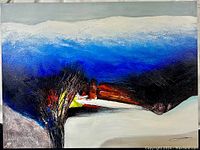 Full view of the original abstract oil painting on canvas with dominant blue, white, black, and red colors, showing texture and brushwork.