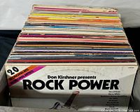 Vintage vinyl LP records collection showing the spines and front album cover of 'Don Kirshner presents Rock Power'
