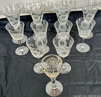 Front view of 11 W.J. Hughes stemware glasses with cornflower etching arranged on black cloth.