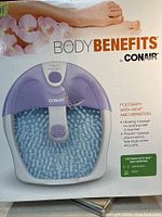 Front image of Conair Body Benefits footbath box showing the product and key features.