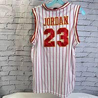 Back view of Michael Jordan NBA jersey showing "JORDAN" and number "23" in red and yellow stitching with red pinstripes on white mesh fabric.