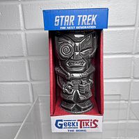 Front view of Star Trek The Borg Tiki mug in box showing detailed front sculpting and packaging.