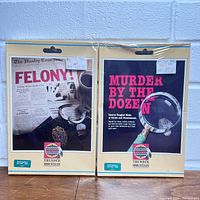 Front view of two vintage sealed Commodore 64 video game software packages Felony! and Murder By The Dozen by Thunder Mountain.