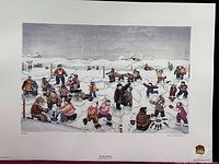 Full view of the print showing a winter ice fishing scene with numerous people and snowy landscape.