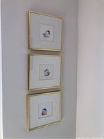 Three square gold metal framed chickadee prints hung vertically on a white wall
