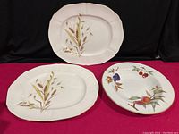 Three vintage bone china serving platters shown together: two oval wheat motif platters and one round fruit motif Evesham platter.