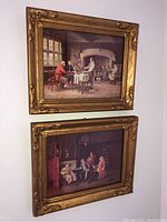 Two vintage framed prints by Margaret Dovaston showing English 18th century scenes hung on wall, gold frames with wear