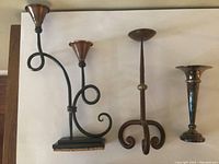 Set of 3 candle holders: patinated brass and copper with cork bottom, hand-forged metal, and silver electroplate stamped Benedict-Proctor.